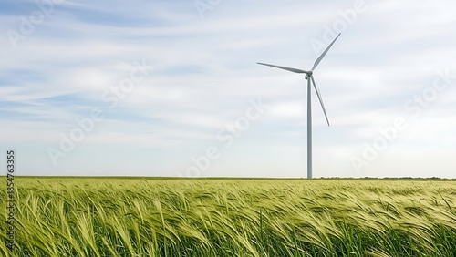 Wind turbine standing tall in a lush green wheat field under blue sky