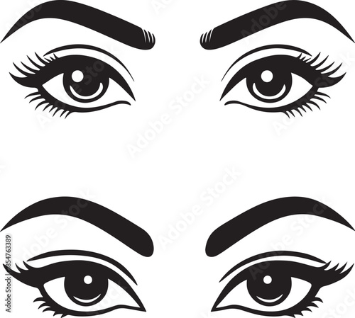 Stylized black and white female eyes with thick eyebrows and long lashes illustration