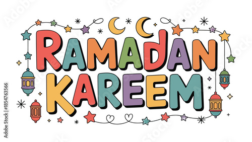 Ramadan Kareem: A vibrant illustration for the Holy Month of Ramadan, featuring colorful text with a festive aesthetic, conveying warmth and unity. 