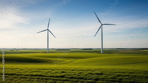 Wind turbines generating clean energy in lush green landscape