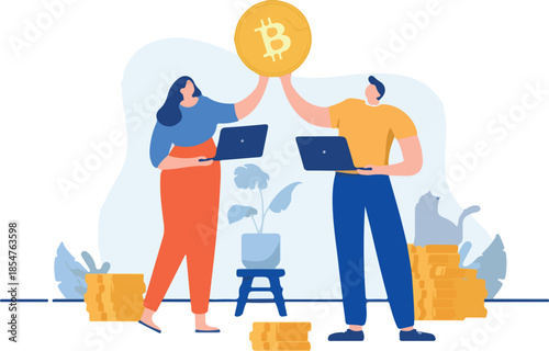 Happy Bitcoin people - Man and woman couple in casual clothes holding crypto currency coin in hands. Flat design cartoon vector illustration with white background.