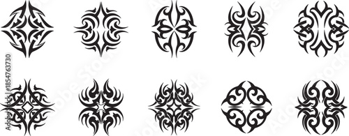 A compelling collection of versatile tribal tattoo designs and intricate abstract decorative motifs, ideal for graphic projects, body art inspiration, and unique branding elements