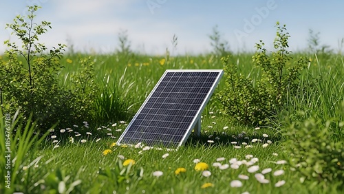 Solar panel in a lush green field with flowers