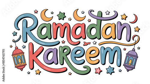 Ramadan Kareem Illustration: Festive and colorful lettering celebrates Ramadan with a rich design, featuring traditional symbols of the season, conveying warmth and joy.