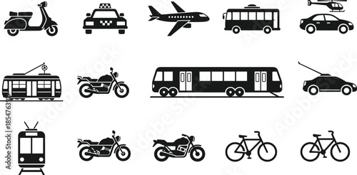 Modern transportation icon set, public transport vehicles, car bus train airplane bicycle motorcycle taxi tram metro mobility silhouette illustration collection
