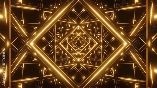 Seamless 4K infinite loop of glowing golden neon squares symmetrically moving through a dark abstract futuristic tunnel background.