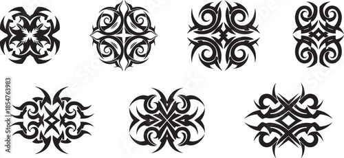 A versatile assortment of abstract tribal art elements, featuring dynamic swirls and symmetrical forms, perfect for enhancing modern design aesthetics and creative projects