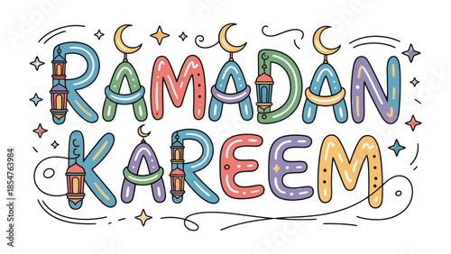 Ramadan Kareem Illustration: Festive and colorful Ramadan Kareem illustration with crescent moon and lantern. A visual feast capturing the spirit of Ramadan.