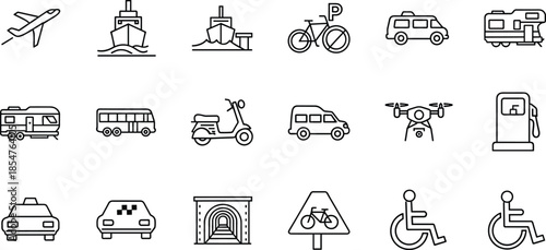 Transportation icons set featuring airplane, ship, bicycle, car, bus, scooter, van, drone, fuel pump, taxi, tunnel, road sign, wheelchair accessibility, travel, mobility, urban, vector