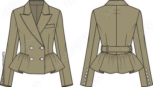 Women tailored blazer fashion flat sketch, front and back view, peplum jacket design, technical apparel illustration, elegant formal wear concept, vector clothing outline