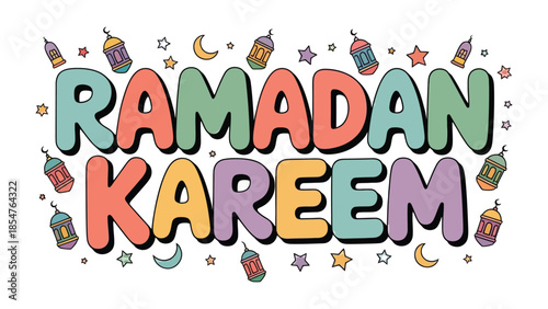 Ramadan Kareem: A vibrant illustration celebrates the spirit of Ramadan. Featuring a colorful design, adorned with lanterns and crescent moons, conveys the festive essence of this holy month.
