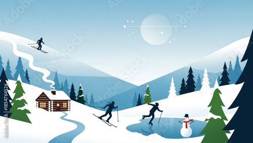 Skiers gliding down snowy mountain slope with cabin and snowman at serene winter resort