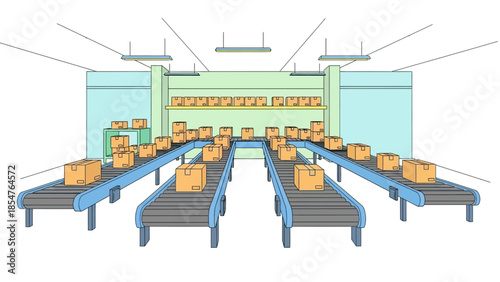 Automated Conveyor Belt System in a Warehouse with Numerous Packages Ready for Distribution