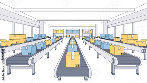 Automated conveyor belt system transporting numerous boxes in a modern warehouse facility