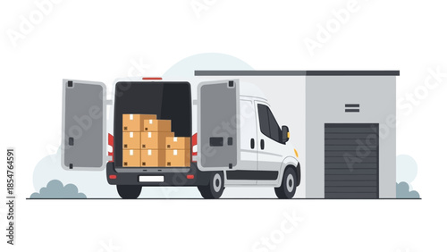 Illustration of a delivery van unloading boxes into a warehouse