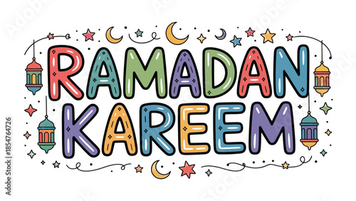 Ramadan Kareem Illustration: A vibrant and colorful artistic rendering of the phrase Ramadan Kareem, adorned with festive lanterns, crescent moons, and stars, celebrating the spirit of Ramadan.