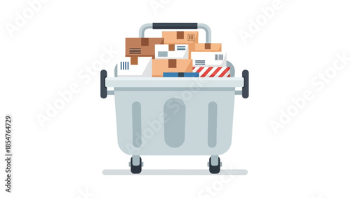 Overflowing dumpster filled with various boxes and items, symbolizing waste and disposal, on a white background