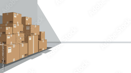 Stack of cardboard boxes in a bright empty room, representing logistics, storage, and shipping