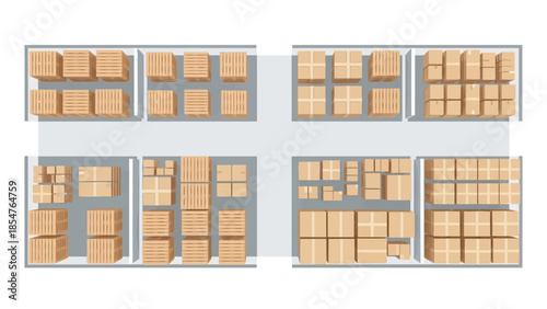 Top-down view of a warehouse interior showcasing organized storage with various sized boxes neatly arranged in aisles