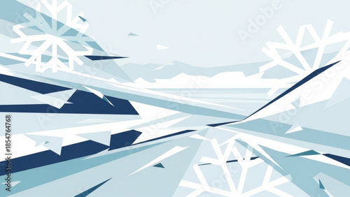 Abstract icy landscape with snowflakes and geometric shapes in shades of blue and white