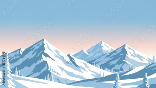 Snowy mountain range with pine trees under a serene blue and pink gradient sky