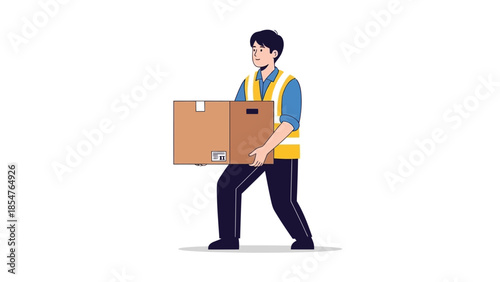 Delivery person carrying a large cardboard box, isolated on a white background, representing logistics and shipping services