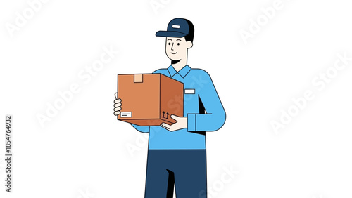 Illustration of a smiling delivery man holding a package, ready to deliver to the customer