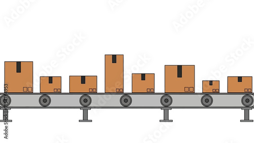 Automated conveyor belt system transporting various sized cardboard boxes in a warehouse or factory setting, illustrating logistics and production processes