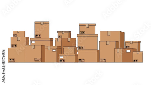 An assortment of cardboard boxes of various sizes stacked and arranged in a display for shipping, storage, or moving purposes