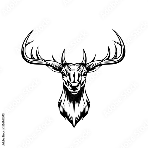 Graphic logo design of a stylized deer head with intricate details, centered composition, bold black ink illustration on a pristine white background, accentuated by sharp bold outlines, conveying an a