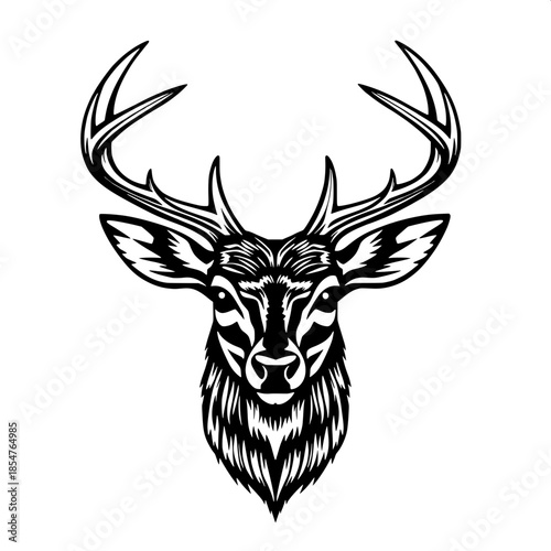 Graphic logo design of a stylized deer head with intricate details, centered composition, bold black ink illustration on a pristine white background, accentuated by sharp bold outlines, conveying an a