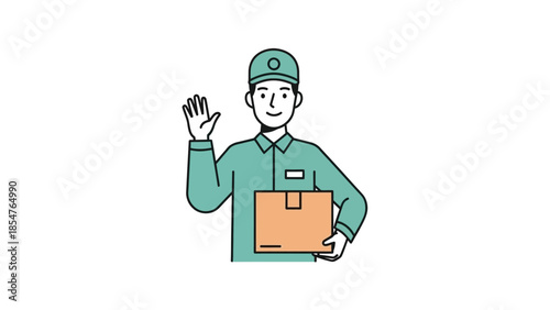 Delivery Person Holding Package Waving Hello Greeting Friendly Service
