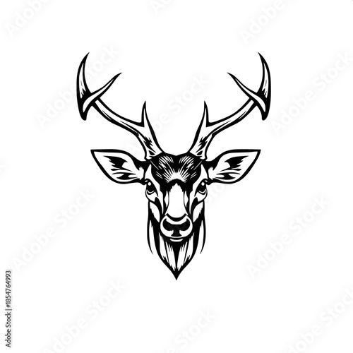 Graphic logo design of a stylized deer head with intricate details, centered composition, bold black ink illustration on a pristine white background, accentuated by sharp bold outlines, conveying an a