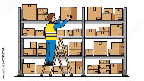 Warehouse worker organizing boxes on shelves using a ladder, logistics and inventory management concept