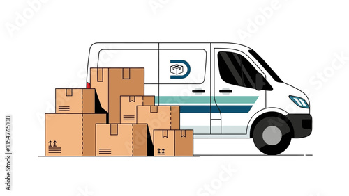 Delivery Van with Cardboard Boxes, Express Shipping and Logistics Service Concept