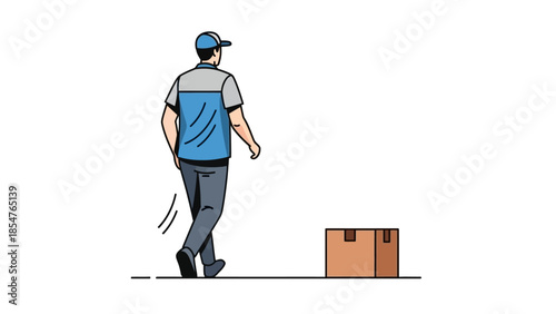 Delivery worker walking away from a cardboard box on a white background, clean graphic illustration