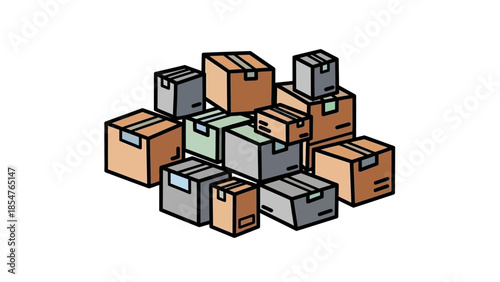 A diverse pile of cardboard boxes and packages, ready for shipping or storage, showcasing a variety of sizes and orientations in a simple illustration