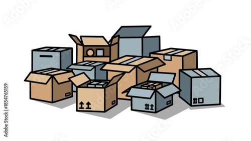 Collection of various cardboard boxes, some open, some closed, ready for shipping or storage, isolated on a white background