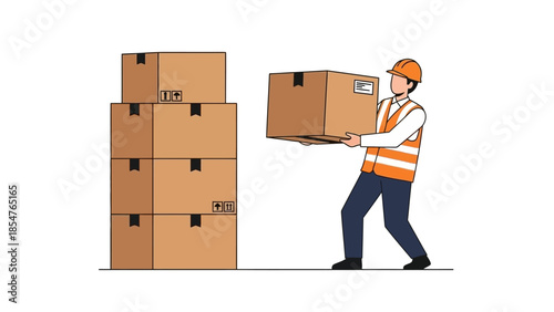 Warehouse worker carrying a box and stacking it with other boxes