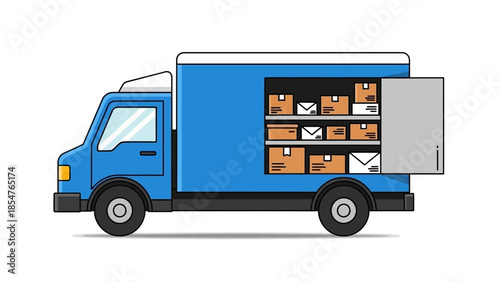 Blue Delivery Truck Loaded with Packages and Boxes, Ready for Shipping and Logistics