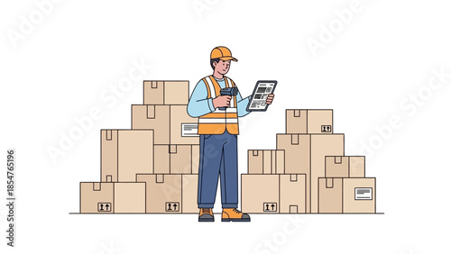 Warehouse worker with barcode scanner managing inventory among stacked boxes, illustration of logistics and supply chain operations