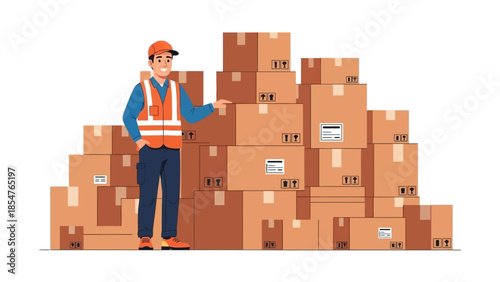Delivery man standing near a tall stack of cardboard boxes ready for shipping, illustration of logistics and courier services