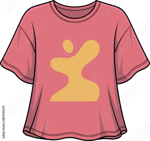 Pink Oversized Crop T-shirt Mockup Vector Template with Abstract Yellow Blobs Graphic Design, Ideal for Trendy Streetwear and Casual Fashion Apparel.
