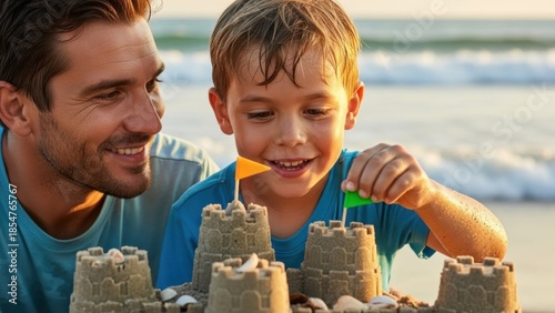 Man and boy building sandcastle on beach. Happy father and son enjoying summer vacation by sea. Family leisure, holiday fun.