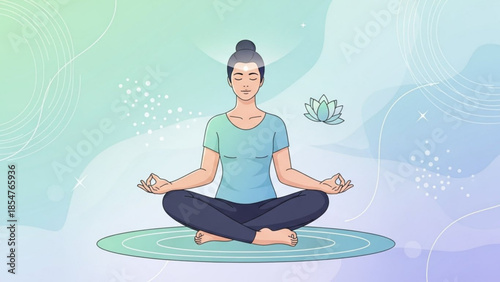 Serene woman meditating in lotus position on green mat with flower background, yoga and mindfulness concept for wellness and relaxation