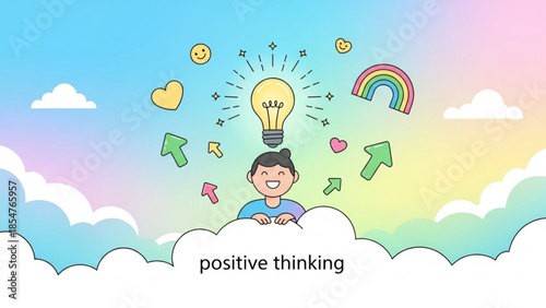 A smiling cartoon boy with a lightbulb idea and positive thinking symbols floating in the air on a sunny rainbow background with clouds