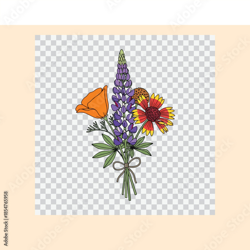 Colorful bouquet of wildflowers with orange, purple, and red flowers on transparent background