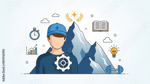 A man in a blue shirt and cap with a gear on his chest standing in front of a mountain with a light bulb, book, and clock around him representing ideas and innovation