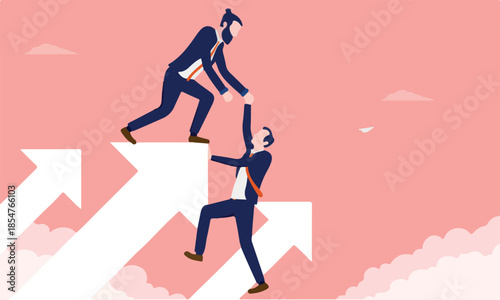 Helping business growth - Businessman giving a helping hand to get on top of rising arrow. Growth and progress concept. Vector illustration.
