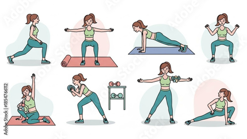 Woman performing various exercises with dumbbells and yoga mats in a cartoon illustration
